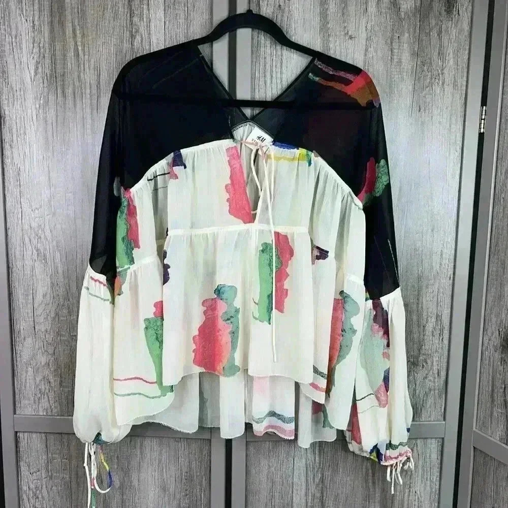 H&M Studio Top XXS Oversized Sheer Balloon Sleeves Artsy